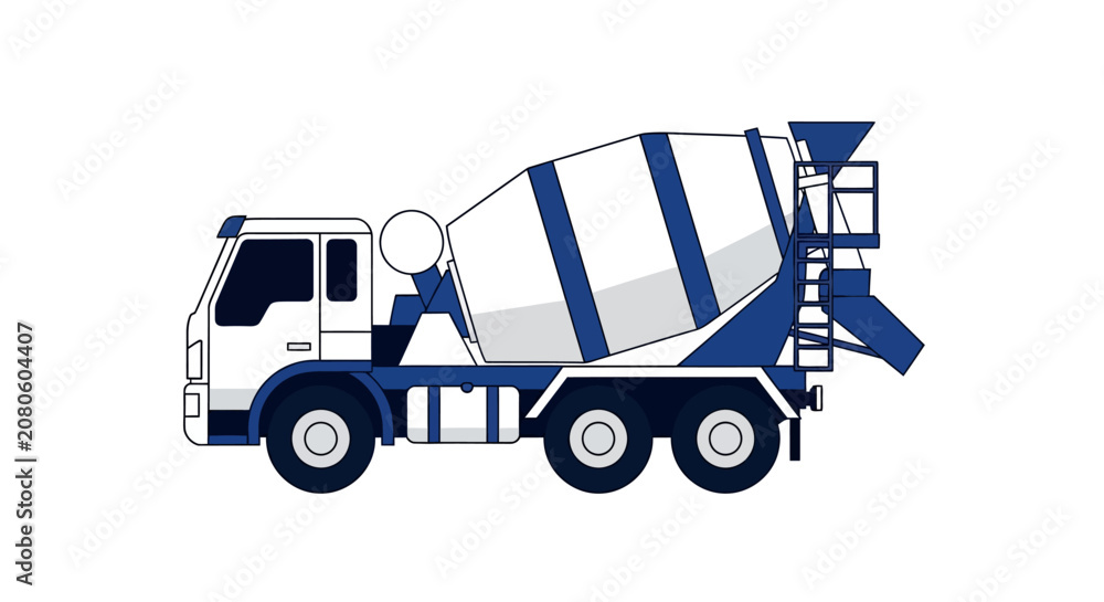 Fototapeta premium Modern Concrete Mixer Truck Vector Illustration - Blue and White Construction Vehicle Isolated on White
