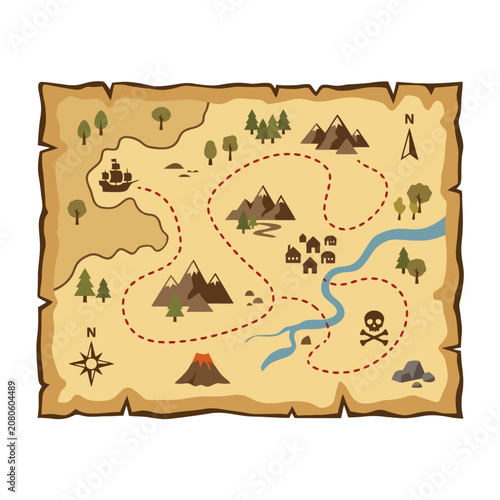 An illustrated vintage style treasure map with a winding path