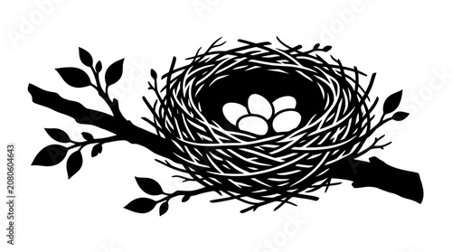 Canvastavla Bird s Nest Silhouette With Eggs And Branch Black And White