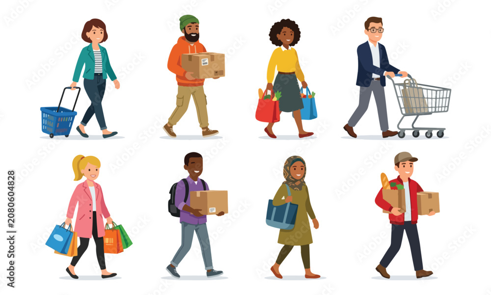 Fototapeta premium Diverse People Walking with Shopping Bags, Cart and Parcels