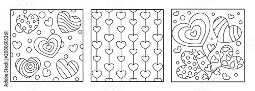 Bild auf Leinwand Heart Patterns Doodle Coloring Page Set for Adult Stress Relief