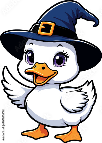 Cute Duck Wearing Witch Hat Cartoon Illustration