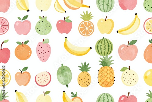 A pattern of various fruits on a white background