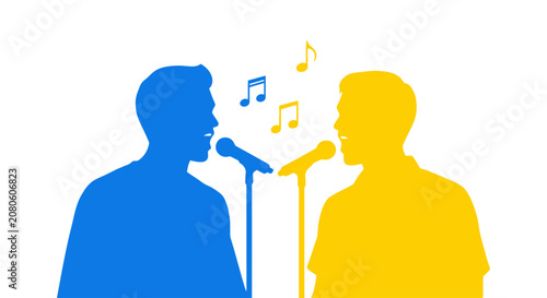 Tableau sur toile Two men singing into microphones together.