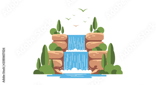 Fotografie Waterfall Cascading Down Rocky Formation.
