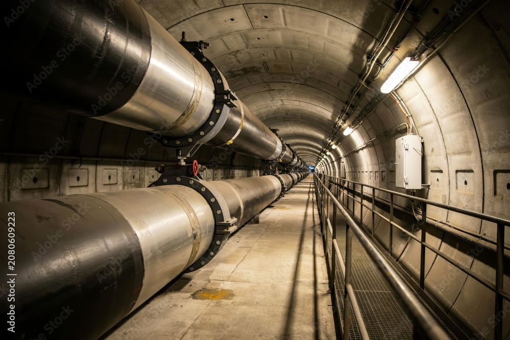 Fototapeta premium Large Industrial Pipes in a Long Concrete Underground Tunnel