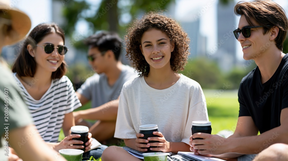 Obraz premium Young friends enjoying coffee together outdoors in a park