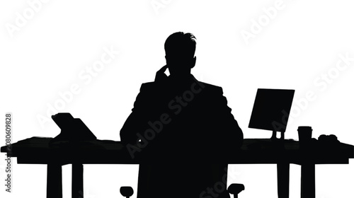 Businessman sits at a desk while working on a computer and talking on the phone in a professional office environment.