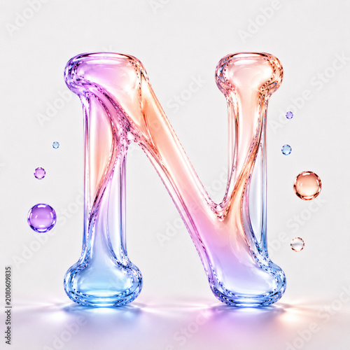 Luxury transparent liquid glass letter N alphabet, pastel gradient crystal 3D typography, glossy abstract font, modern minimal design isolated on white background