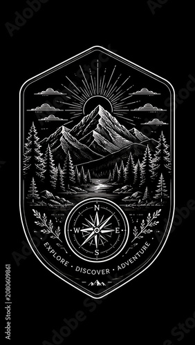 Mountain peak adventure badge emblem with compass and forest adventure mountain outdoors exploration climbing landscape engraving navigation wilderness