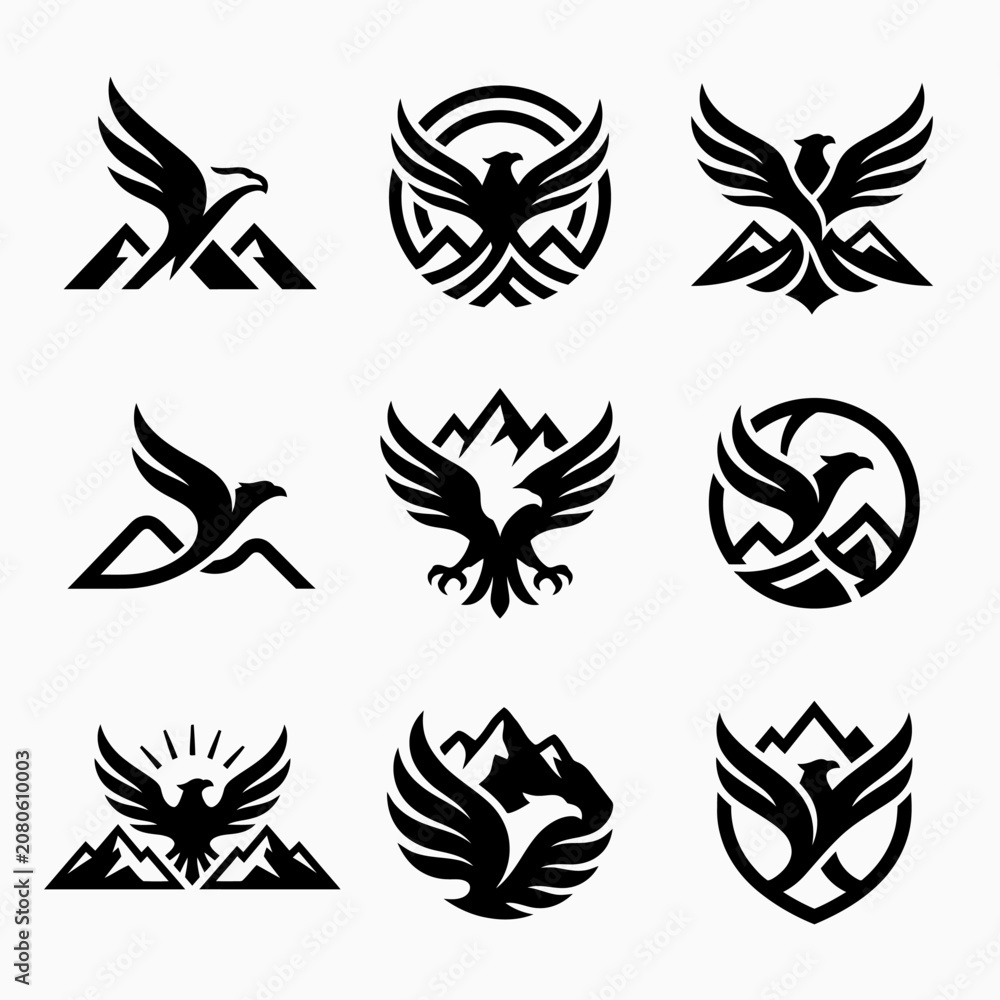 Obraz premium Bird Logos With Mountains And Sun.