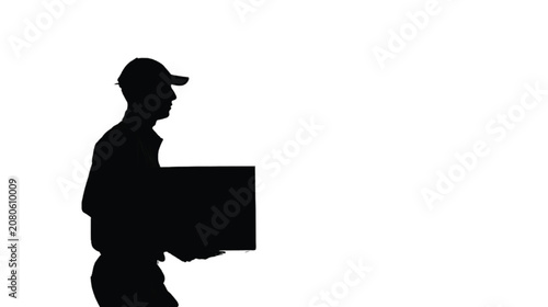 Delivery worker moves a large box across the frame, showcasing efficient logistics and parcel handling services.