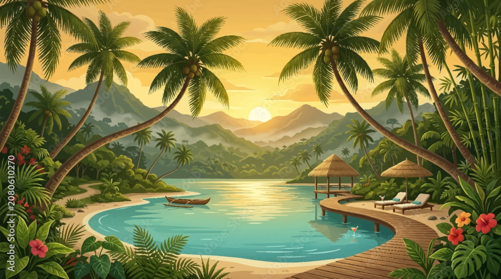 Fototapeta premium A serene summer vacation spot with a wooden beach entrance, palm trees, and a pool overlooking mountains at sunset.