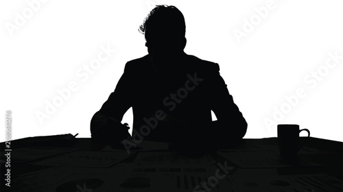 Executive sits at a desk with documents and a coffee mug, representing a professional working environment.