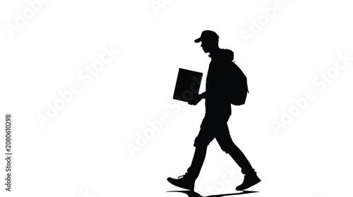 Courier walks forward while carrying a cardboard parcel, illustrating modern delivery services and logistics operations.