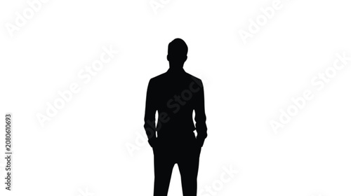 Businessman stands against a plain white background in a professional posture, creating a clean silhouette for corporate design projects.