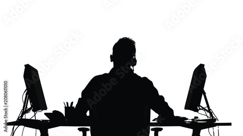 Businessman sits at a desk with dual monitors to complete his daily corporate tasks.