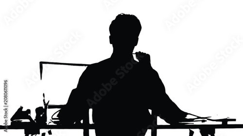Office worker sits at a desk while looking at a computer monitor in a professional workspace depicted as a clean black silhouette.
