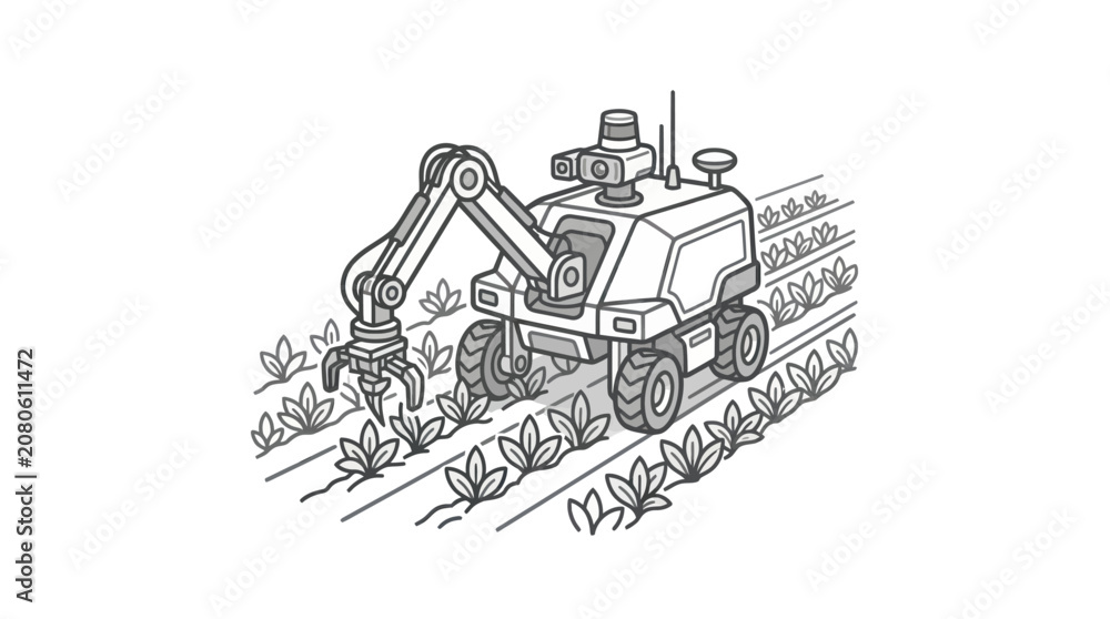 Obraz premium Tractor with mechanical arm harvesting crops.