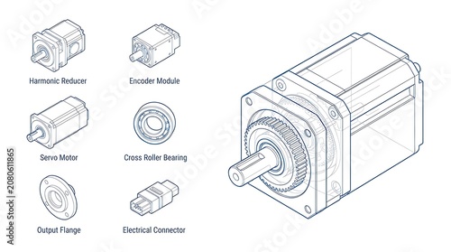 Technical isometric diagram of industrial robotic servo motor components