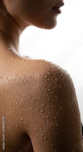 Wet Bare Shoulder with Water Droplet Close Up Against Bright White Background