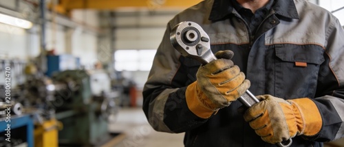 Industrial mechanic in protective gloves holding heavy wrench tool inside factory workshop facility