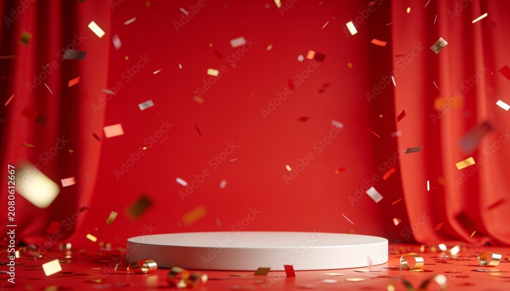 Fototapeta premium A stage with a white podium, draped in red velvet curtains, with golden confetti falling. The scene evokes a sense of celebration and achievement, perfect for an award ceremony or product launch