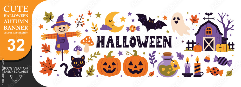 Fototapeta premium Cute halloween autumn banner with scarecrow and black cat in rustic farm landscape setting.