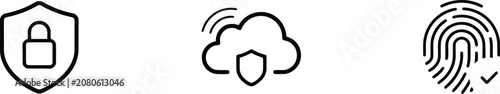 Security icons, protection symbols, lock shield cloud fingerprint, cybersecurity elements, vector graphics