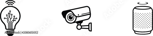 Smart home icons, security symbols, light bulb, CCTV camera, WiFi speaker, vector set