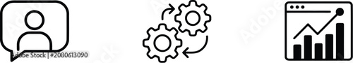 Business icons, workflow optimization, communication, analytics symbols, vector graphics