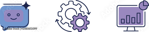 Business icons, workflow automation, gear, computer, chat bot symbols, purple