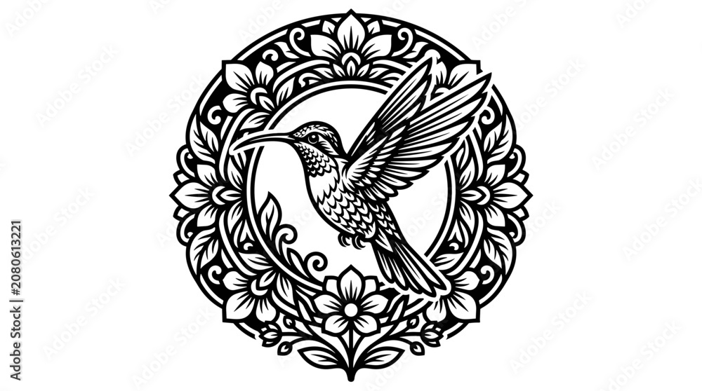 Fototapeta premium Hummingbird Emblem with Floral Border.