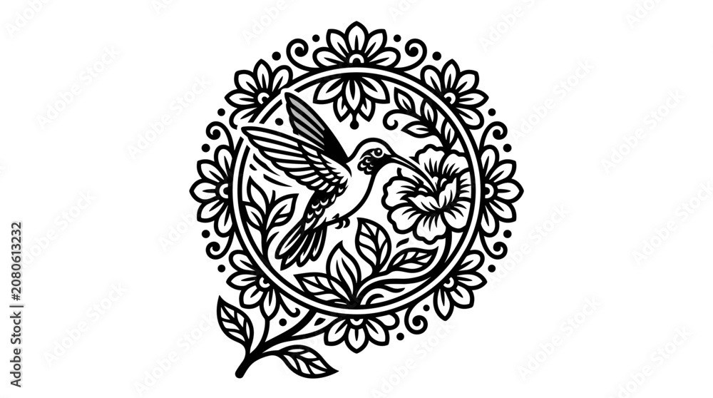 Fototapeta premium Hummingbird and floral design emblem black and white.
