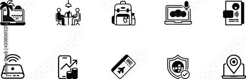 Black, modern business icons, 10 symbols, line style, commercial use, technology, finance, communication