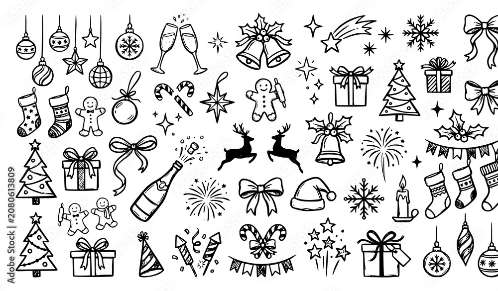 Obraz premium Retro Vintage New Year Hand Drawn Chalk Doodle Set for Christmas Holiday Celebration