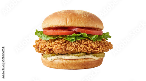 Crispy fried chicken sandwich with lettuce and tomato, gourmet spicy chicken burger on brioche bun, fast food poultry sandwich with pickles isolated PNG with Transparent Background