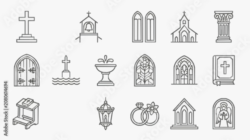 Canvastavla Sleek Minimalist Black and White Line Icons Set Featuring Religious and Church S