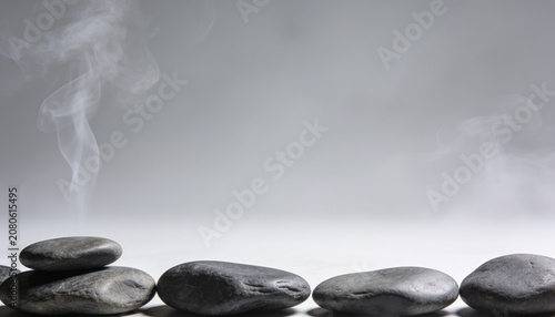 A row of smooth, dark stones in a misty, gray atmosphere, evoking a sense of tranquility and contemplation