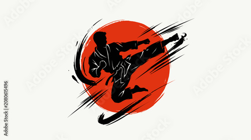 Martial artist silhouette performing kick against red sun.