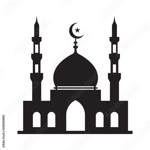 Islamic Mosque Silhouette with Dome and Minarets Isolated on White Background