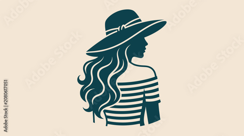 Woman in wide brimmed hat and striped dress silhouette.