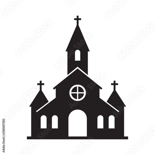 Christian Church Building Silhouette Isolated on White Background