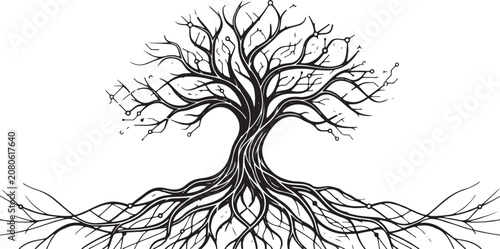 Bild auf Leinwand Black and white hand drawn illustration of a majestic tree with sprawling roots