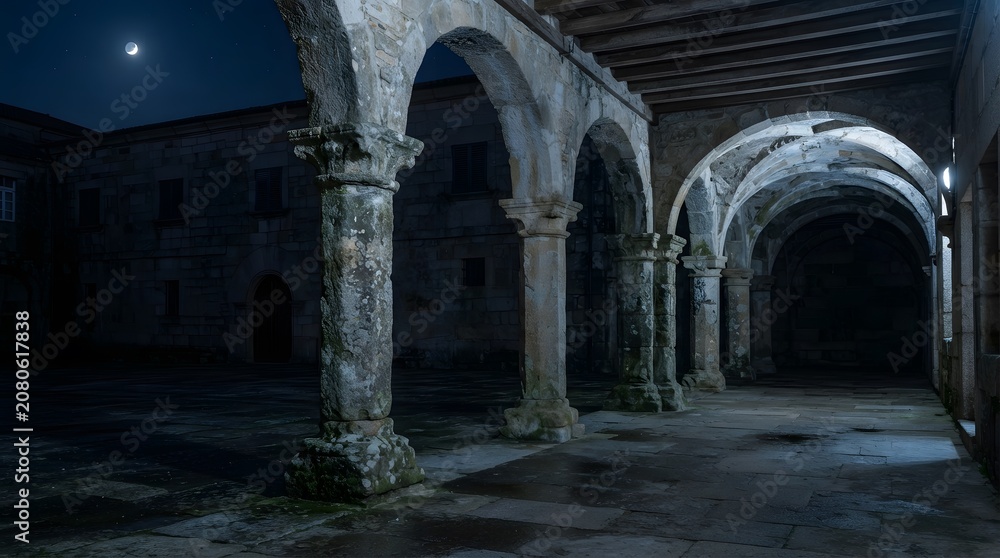 Obraz premium Under the Pale Moonlight A Hauntingly Beautiful Courtyard with Grand Arches and Stone Pillars