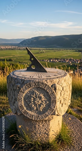 Ancient Stone Sundial Standing on Grassy Hill Over Rural Valley