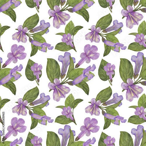 Watercolor Purple Wildflower Seamless Pattern with Green Leaves for Fabric, Wallpaper and Surface Design