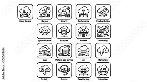 A comprehensive grid of twenty black and white line art icons depicting various cloud computing and data management concepts.