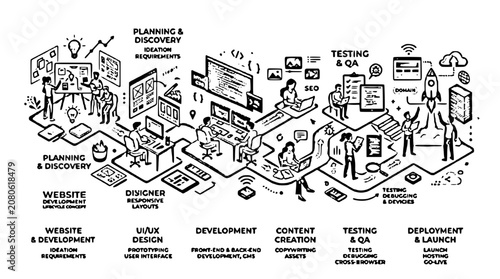 Detailed infographic illustrating the complete website development lifecycle, from initial planning and design to final deployment and launch.