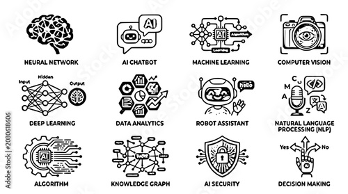 A collection of twelve black and white line icons depicting key artificial intelligence and data science concepts.